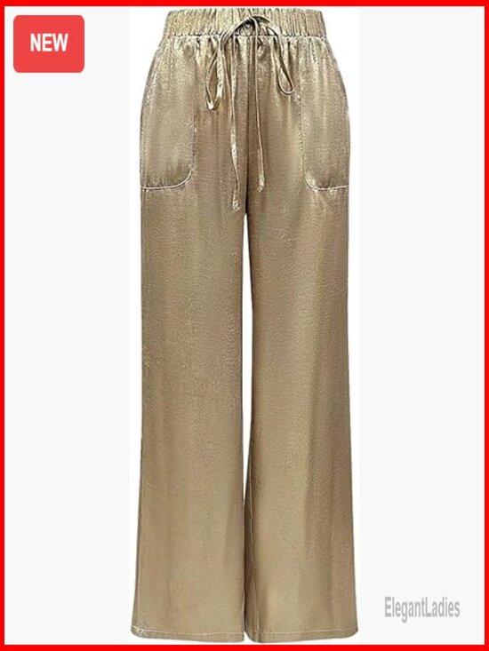 Pants - Low Rise Wide Leg Palazzo Pants Elastic Waist Drawstring Casual Trousers